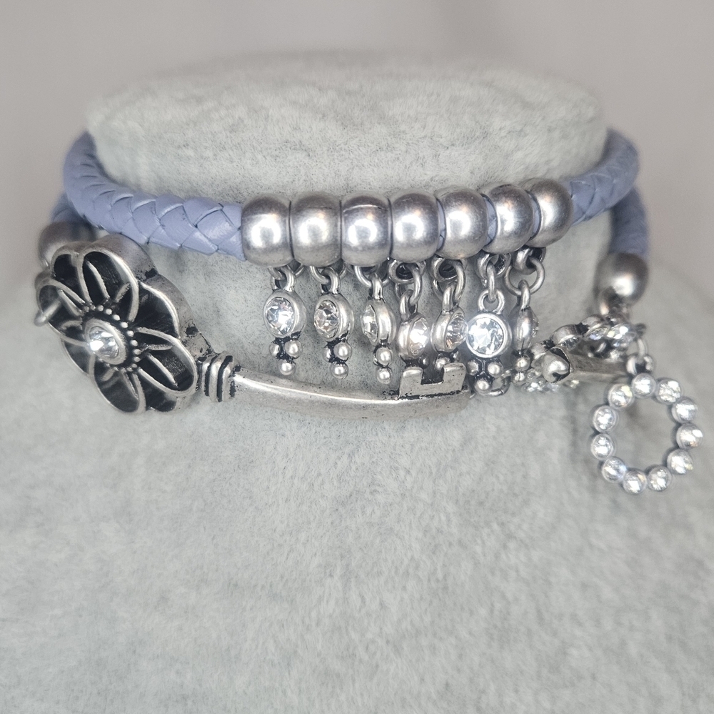 Premier Designs Keeper Pastel Blue Leather Wrap Bracelet Key Charm Crystal NWOT